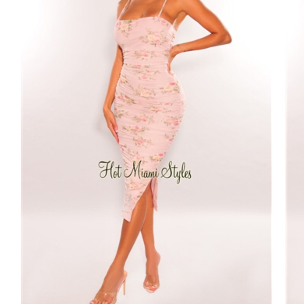 Sexy Midi Dress (Blush Floral Print Mesh Spaghetti Runched Slit Dress)